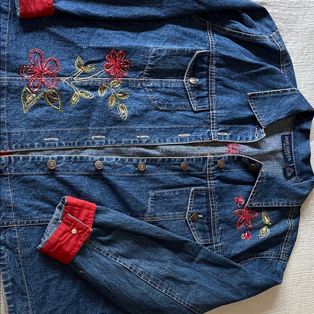Jane Ashley Blue Jean Jacket with Red Floral Embroidery